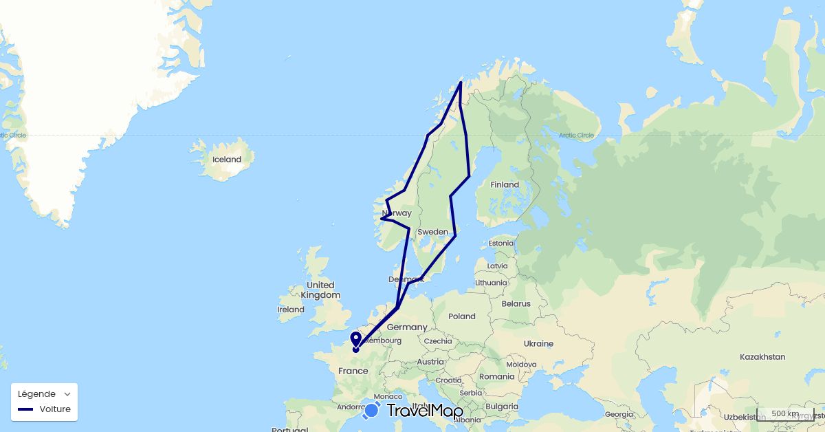 TravelMap itinerary: driving in Germany, Denmark, France, Norway, Sweden (Europe)
